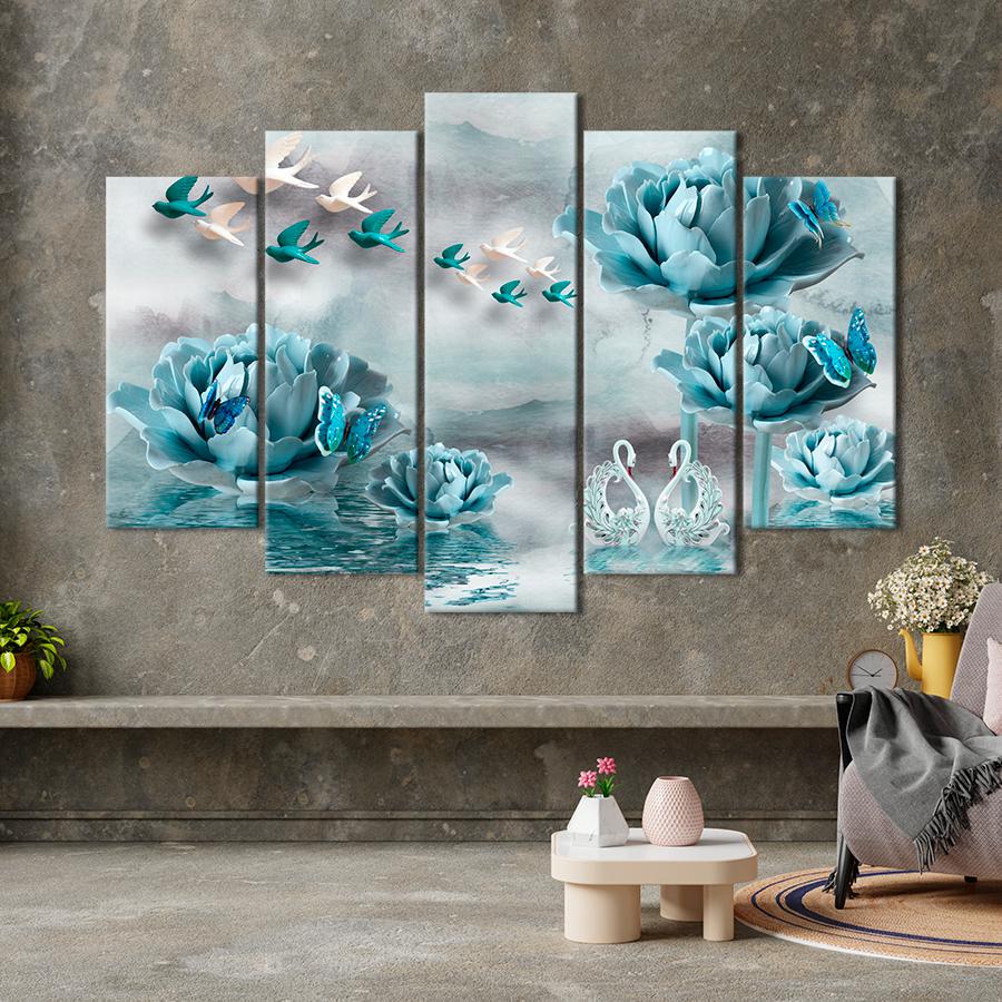 Картина на полотні Метелики та птахи та блакитні квіти 137x85 см (V332-5_L)