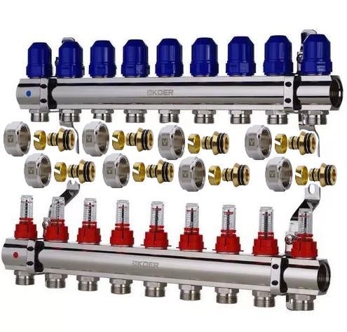 Коллектор с евроконусами для теплого пола KOER 9 контуров с расходомерами (KR2646K)
