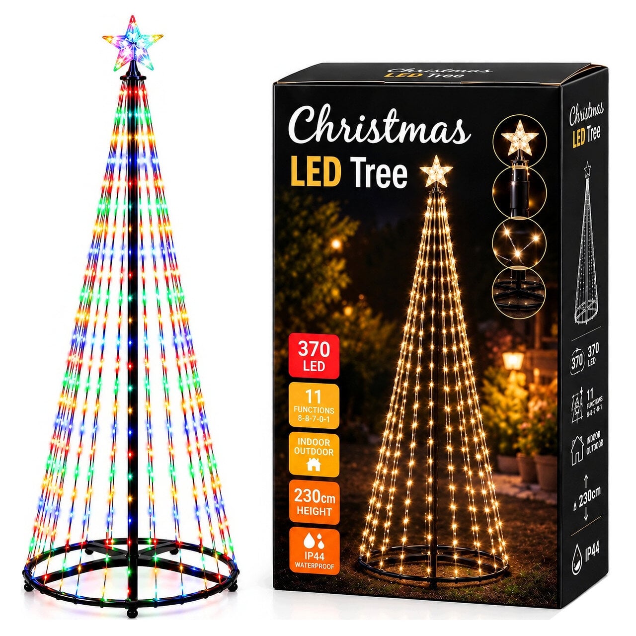Ялинка світлодіодна різдвяна ADM 370 LED RGB 11 режимів світіння тепле та кольорове світло IP44 230 см