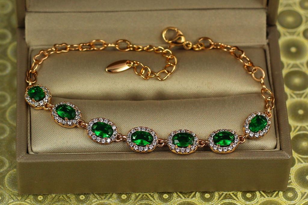 Браслет Xuping Jewelry Малинки на цепочке с зелеными камнями 17 см х 7 мм Золотистый (2196437394)