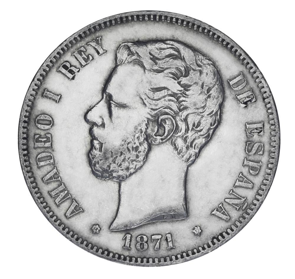 Колекційна монета Іспанія 5 песет 1871 срібло F-VF Тимчасовий уряд 1869 1874 AMADEO I Ag 900 25 г (М19776)