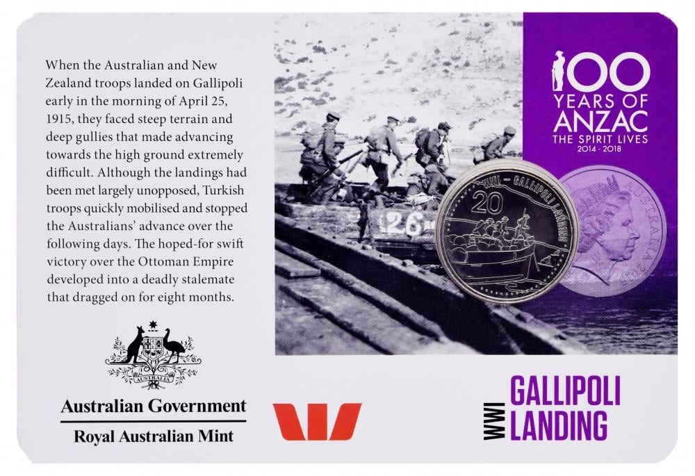 Коллекционная монета Австралия 20 центов 2015 UNC Первая мировая война 2014-2018 - Дарданелльская операция в блистере (М14324)