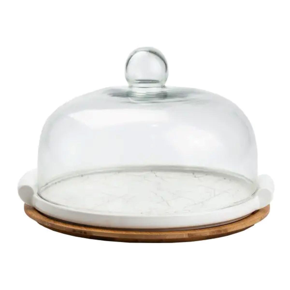 Тортівниця керамічна зі скляною кришкою на бамбуковій підставці 25 см Білий (HP1203)