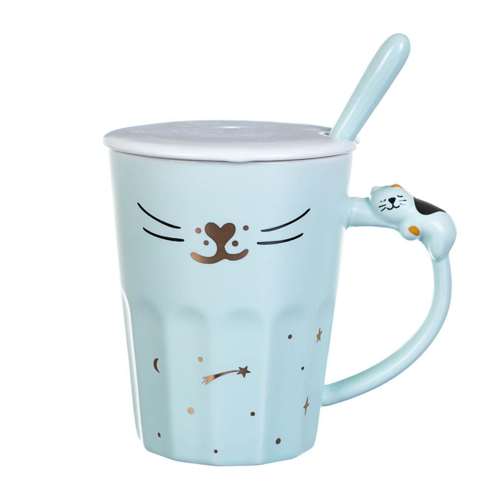 Кружка керамическая с крышкой Elisey Мордочка кота 300 мл Бирюзовый (8200-018)