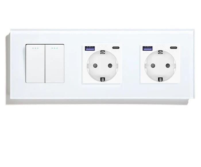 Выключатель универсальный LUXION проходной 2-клавишный с двумя розетками USB A+C 20Вт с заземлением стекло Белый