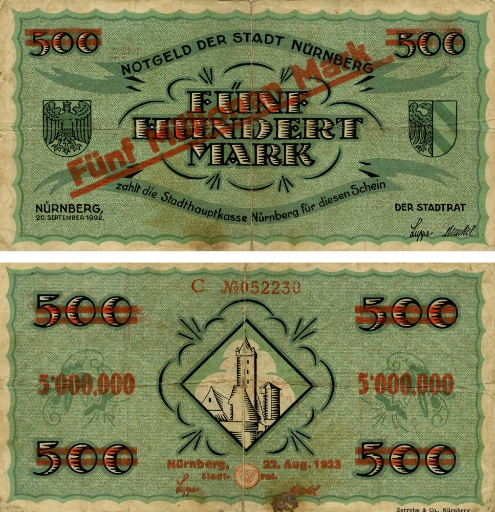 Коллекционная банкнота Германия Нотгельд 500 марок 1922 G-VG Нюрнберг Разновидновидность 2 (Б18860)