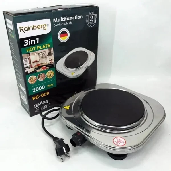 Настільна плита електрична Rainberg RB-009 одноконфоркова дискова з терморегулятором 2000 Вт (2666602718)