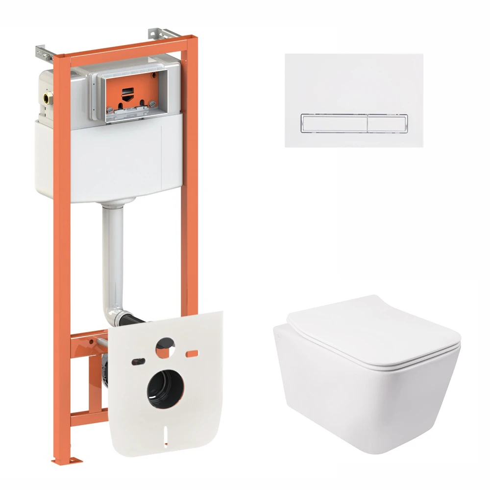 Комплект для ванной комнаты Qtap подвесной унитаз Crow Rimless и комплект установки Nest 4в1 линейная клавиша White (2610409891)