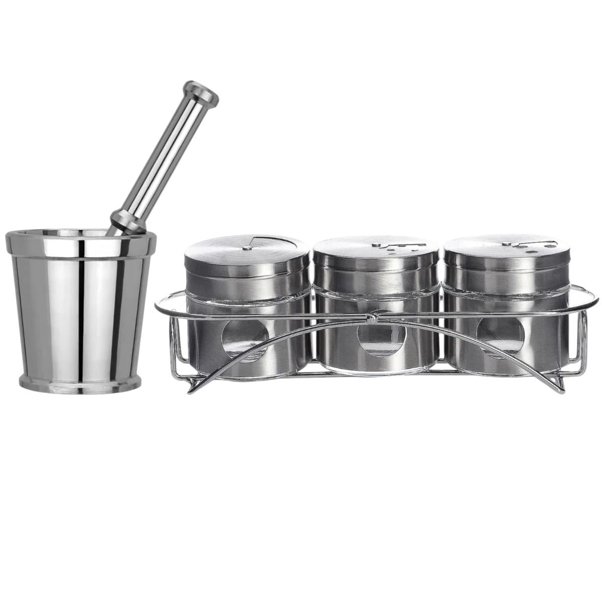 Набор для специй из нержавеющей стали A-PLUS баночки на подставке со ступкой 6 предметов