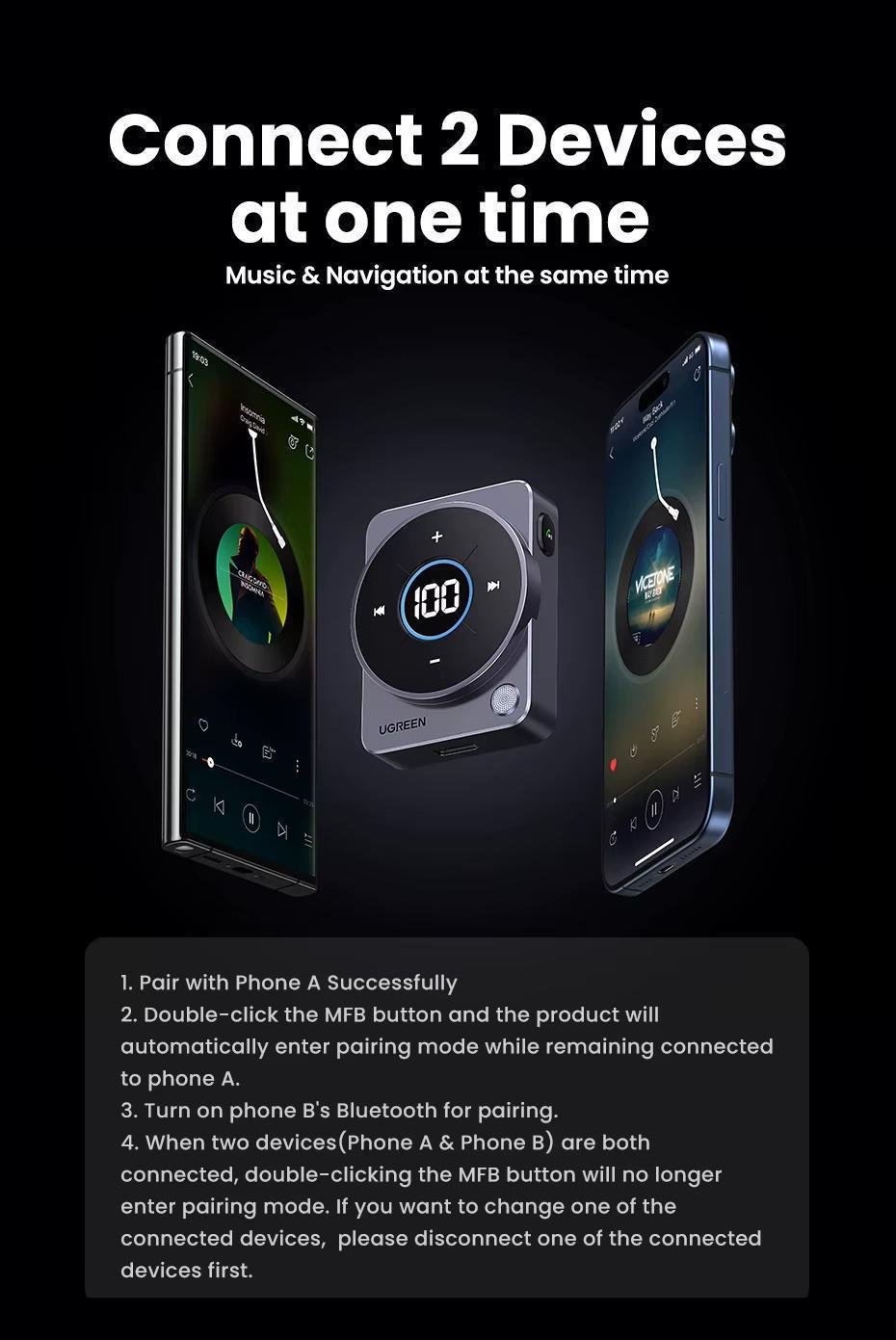 Адаптер UGREEN Bluetooth 5.4 AUX 3,5 мм 300 мАг 20 год Чорний (35003) - фото 16 Адаптер UGREEN Bluetooth 5.4 AUX 3,5 мм 300 мАг 20 год Чорний (35003) - фото 16