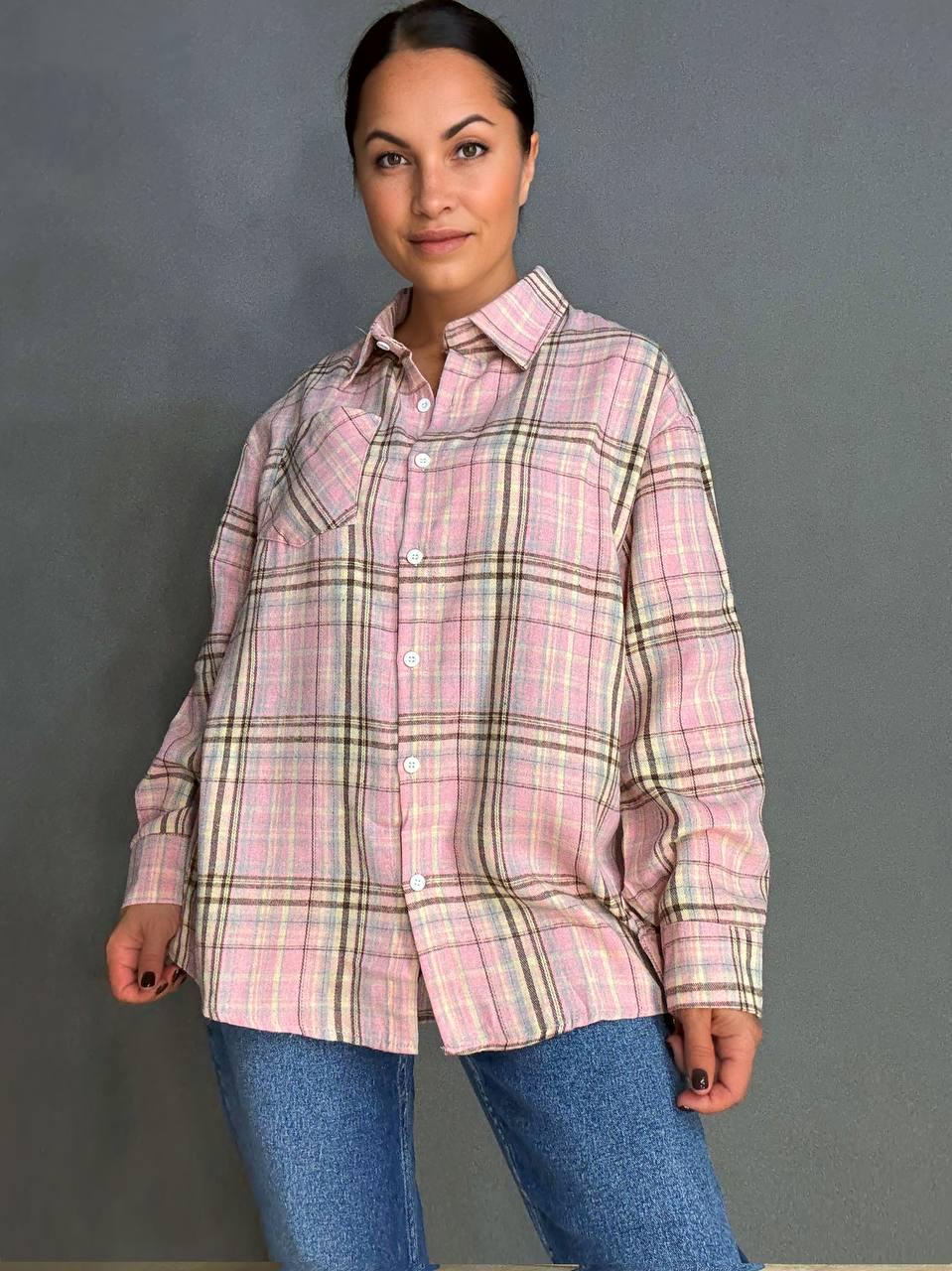 Рубашка женская Baoyu 225-1 в клетку оверсайз фланель OS Розовый (4763)