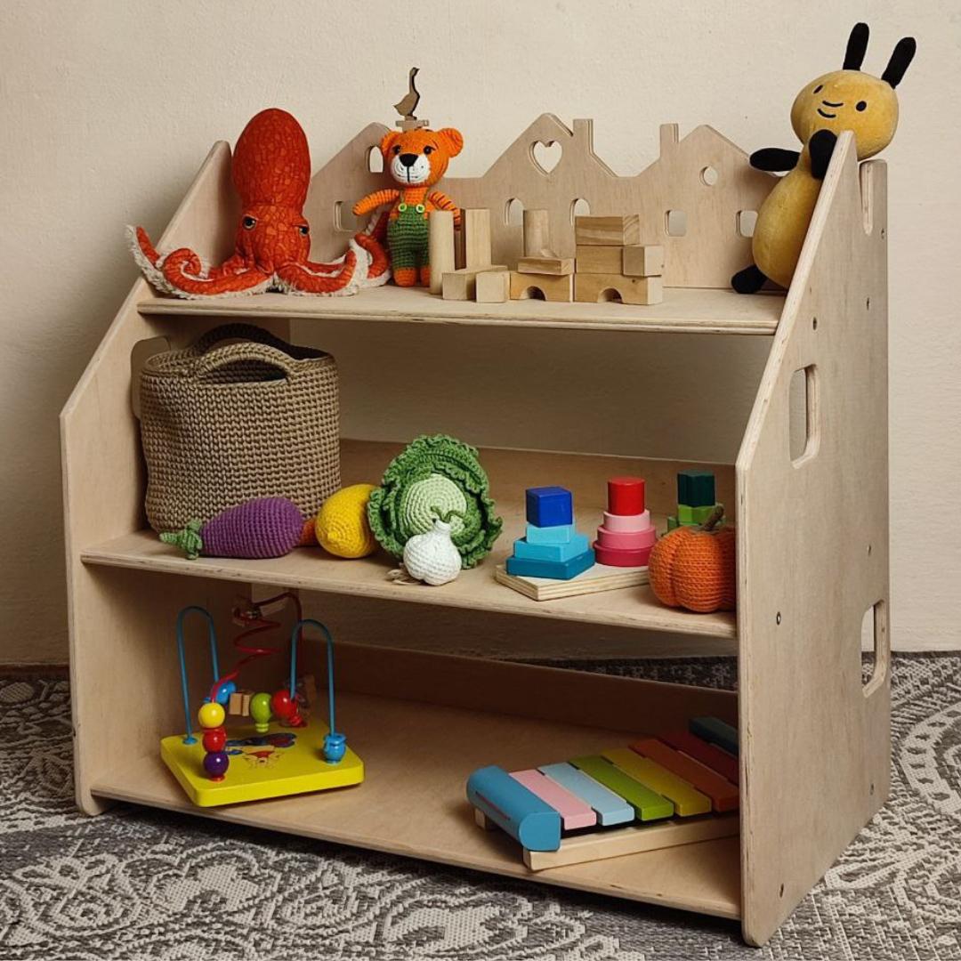 Стеллаж-полочка Монтессори для игрушек и книг 59х61х39 см Натуральное дерево (00001)