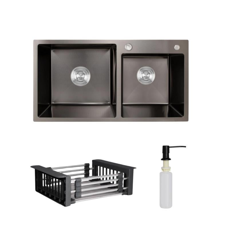 Комплект Lidz Handmade H7843 мойка для кухни с двумя чашами интегрированная PVD/с дозатором Black (2622386120)
