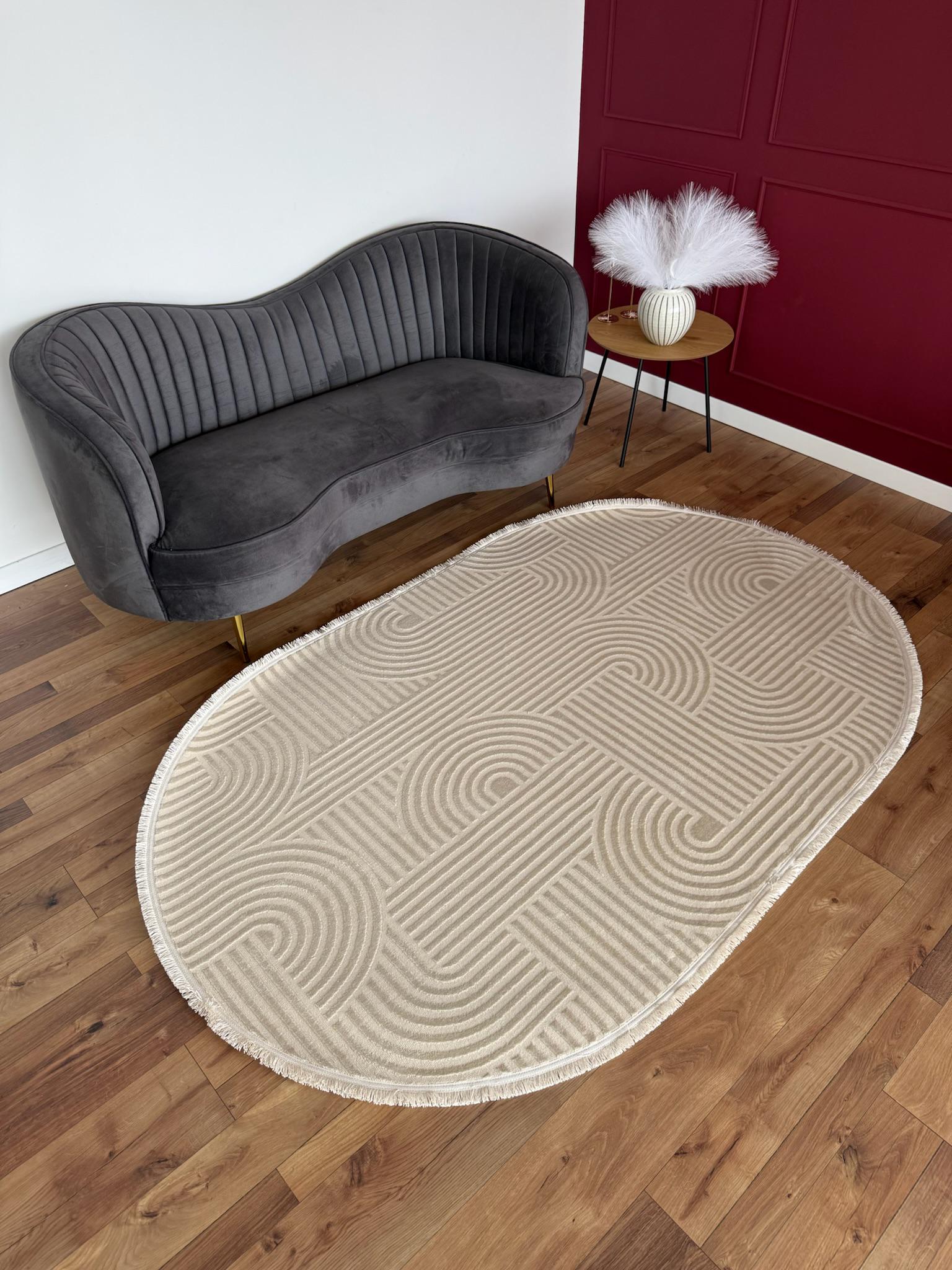 Ковер рельефный 3D овальный 250х350 см Кремовый (62626)