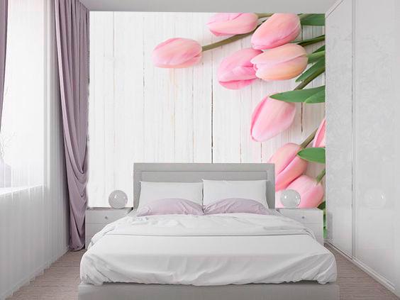 Фотообои 3D флизелиновые цветочные для спальни/зала/кухни Розовые тюльпаны