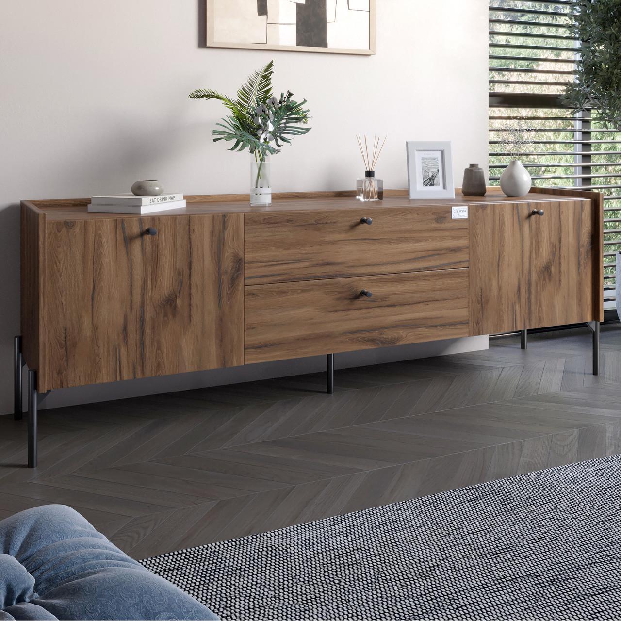 Тумба под телевизор с ящиками Lion Wood с черными ножками 180х50х40 см Дуб Ливорно (Lion-043128)
