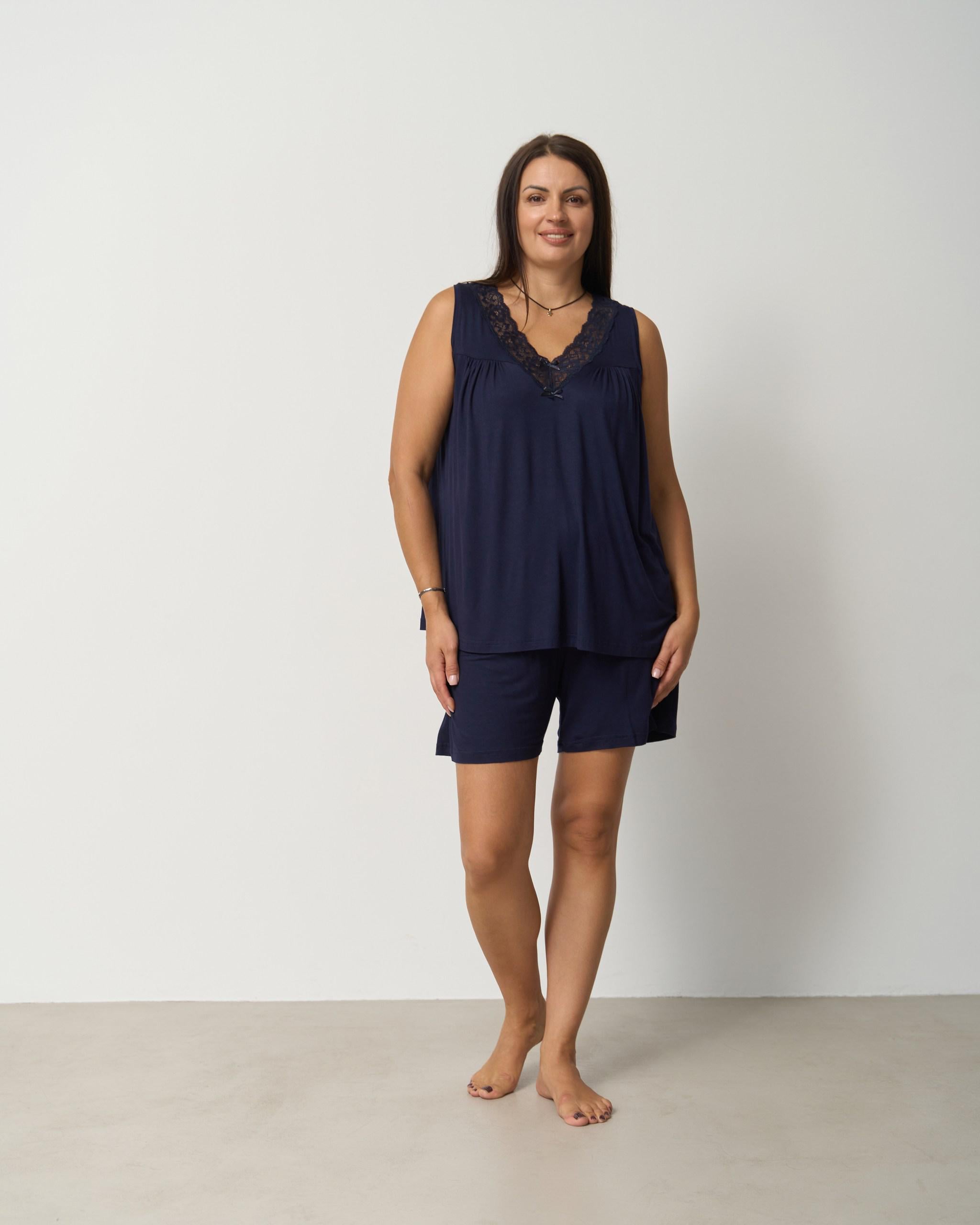 Пижама вискозная однотонная майка и шорты кружево 39043 2XL Темно-синий