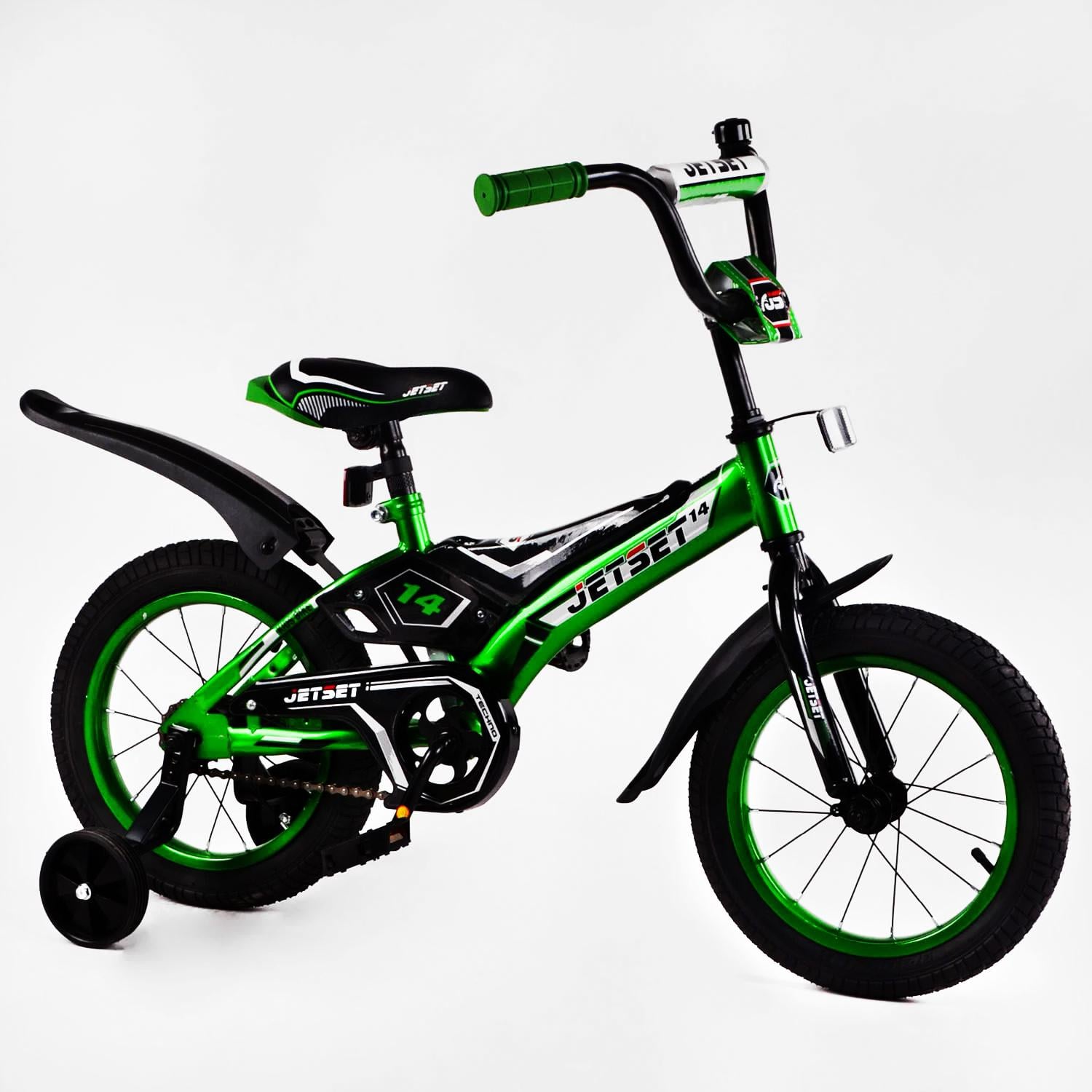 Велосипед детский Jet Set 14" c колокольчиком и дополнительными колесами Green (116180)