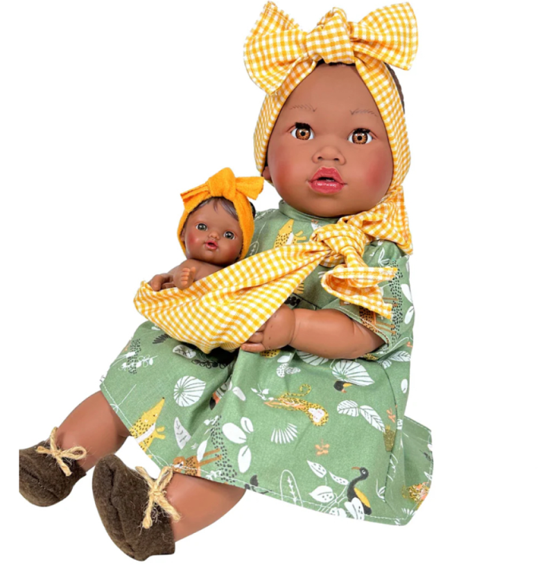 Кукла звуковая испанская Nines d`Onil Африканка с младенцем интерактивная виниловая с механизмом в сумке 40 см