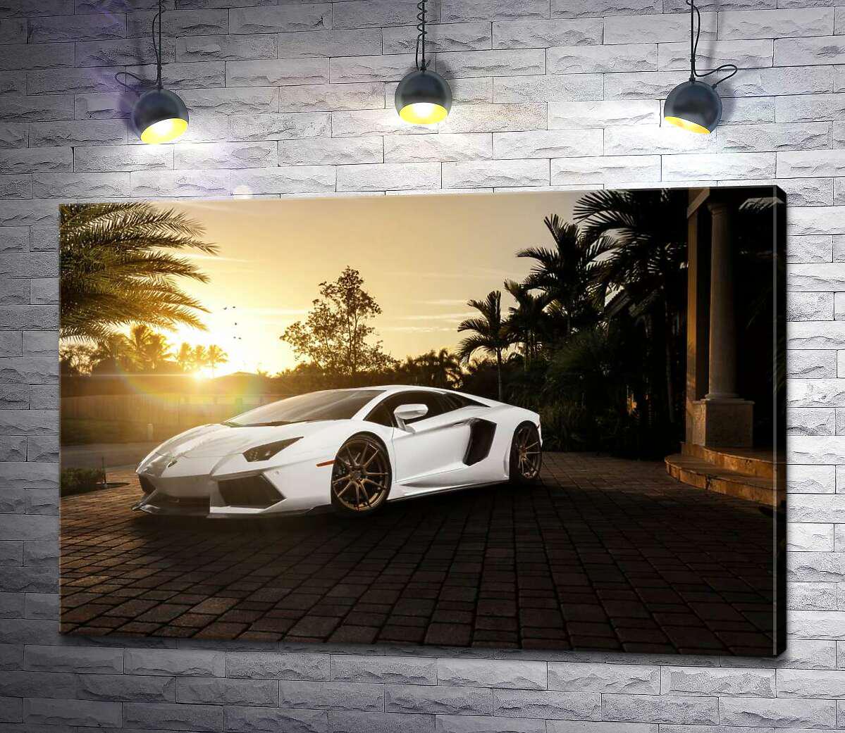 Картина ArtPoster Жемчужные переливы белого автомобиля Ламборгини (Lamborghini) в лучах заходящего солнца 130x87 см Модуль №1 (000078)
