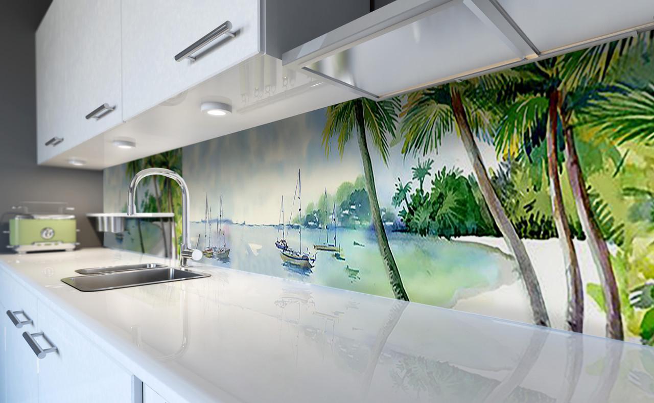 Кухонный фартук Море акварель яхты пальмы из самоклеющейся виниловой пленки 60х250 см Голубой