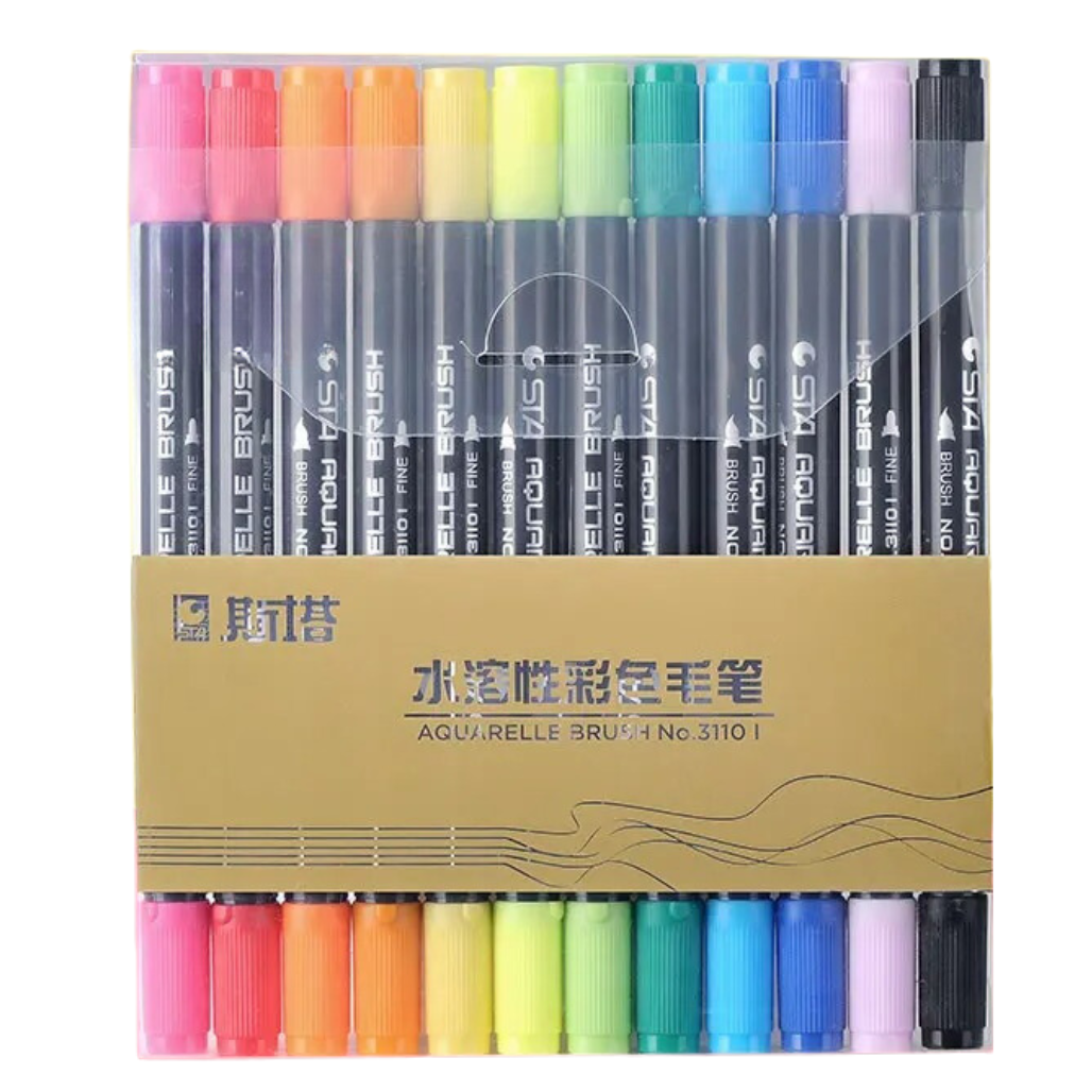 Набор двусторонних акварельных маркеров STA 12 цвета на водной основе Набор двусторонних акварельных маркеров STA 12 цвета на водной основе