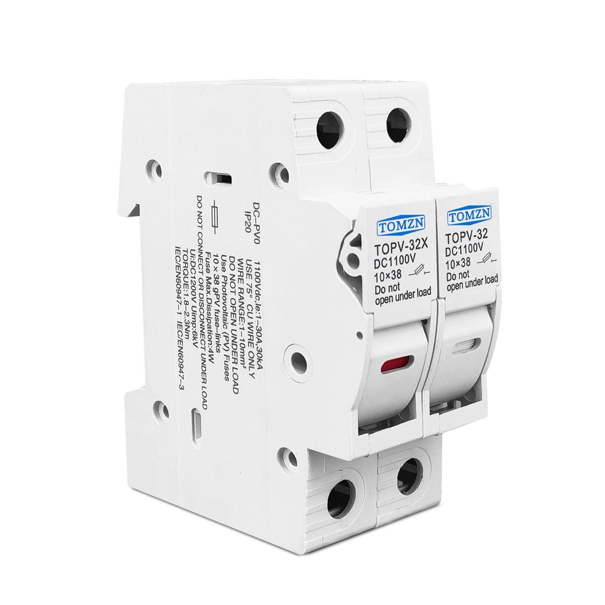 Тримач запобіжників DC TOMZN TOPV-32X 2P 1100V LED із встановленим запобіжником 32A для сонячних панелей (19624) Тримач запобіжників DC TOMZN TOPV-32X 2P 1100V LED із встановленим запобіжником 32A для сонячних панелей (19624)