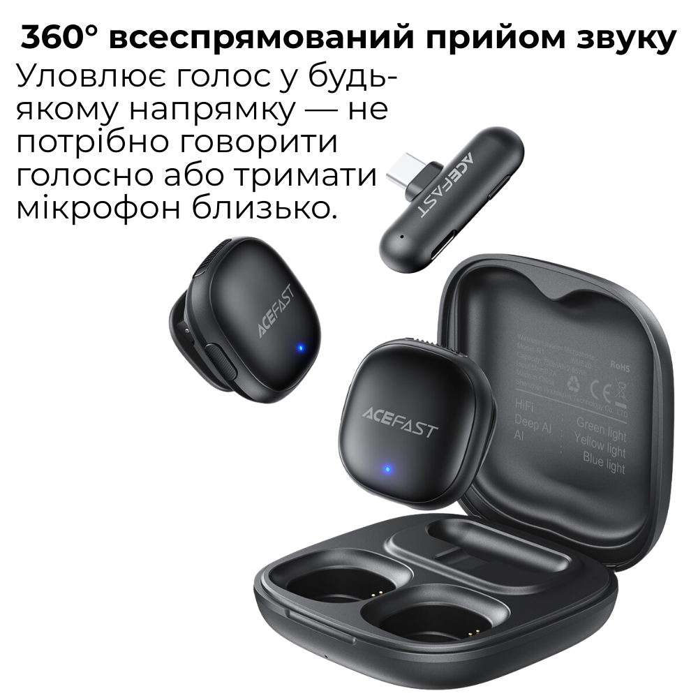 Мікрофон петличний бездротовий Acefast Type-C подвійний з шумопоглинанням (R1) - фото 2