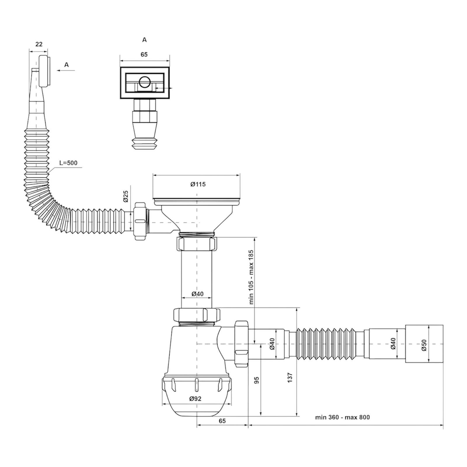 Сифон на евро мойку с прямоугольным переливом 40 х 40/50 мм - фото 3