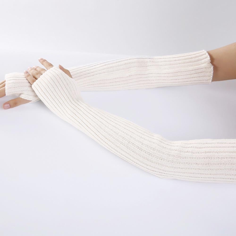 Мітенки в рубчик за лікоть без пальців 50 см One size Молочний (2413) - фото 2