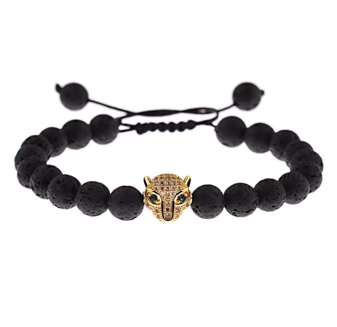 Браслет із лавового каменю із пантерою на стяжці р. 15 (13007)