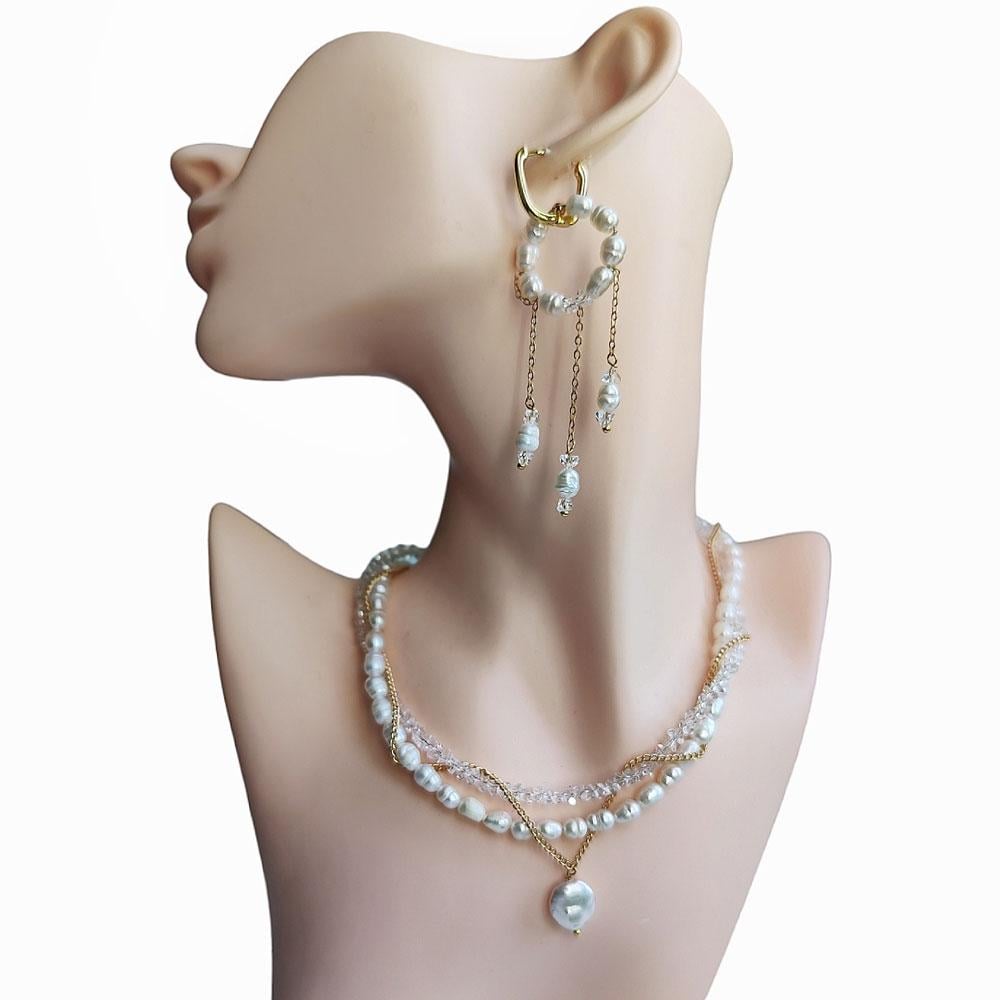 Набор свадебных украшений чокер и серьги с подвесками ручной работы с натуральным белым жемчугом (NP-0066)