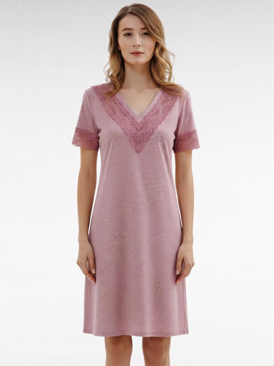 Нічна сорочка жіноча Roksana з мереживом на грудях у горошок бавовняна XL Рожевий (1174/16530)