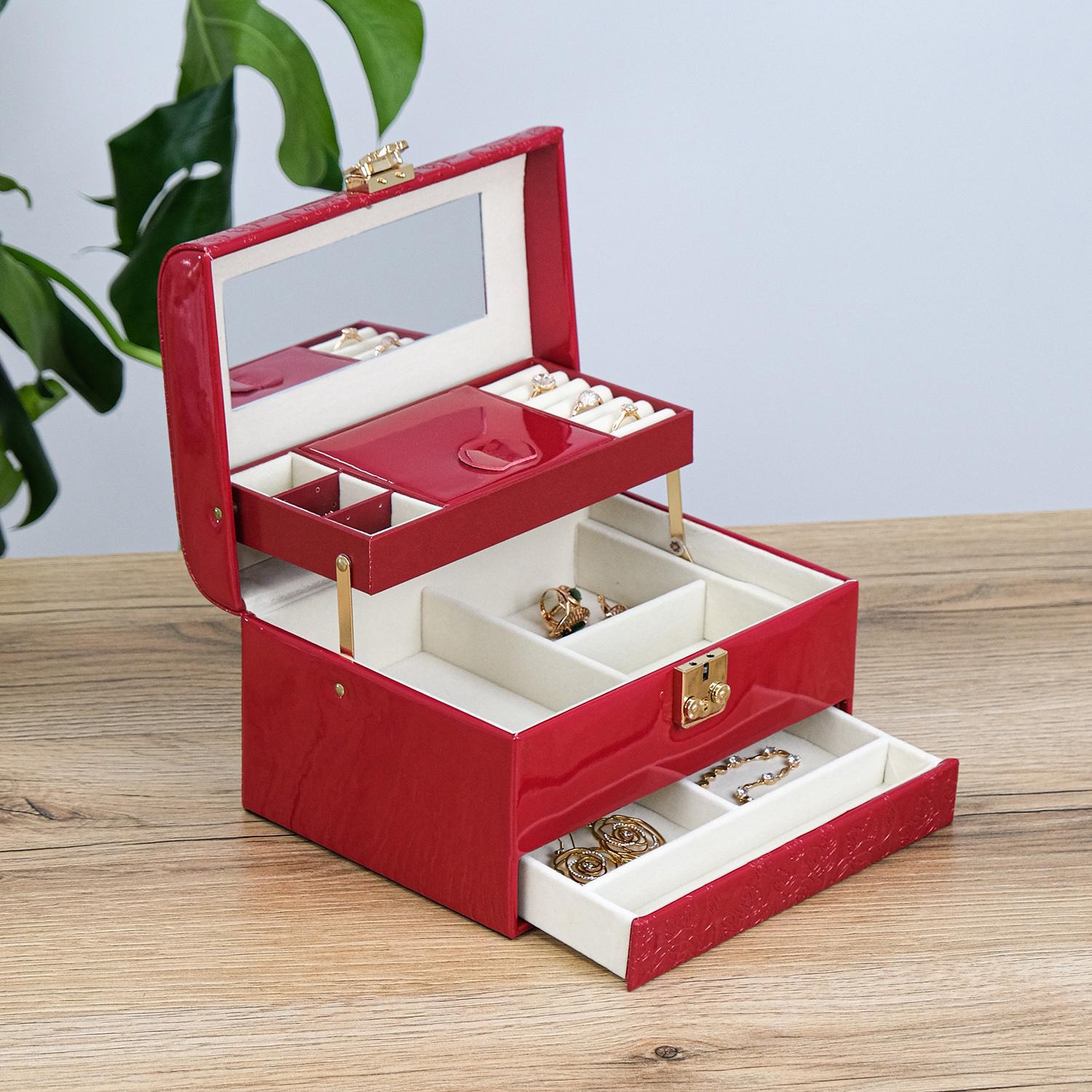 Ящик для украшений Гранд Презент трехслойный с зеркалом 22х16,5х13 см Красный (JZ-018-1)