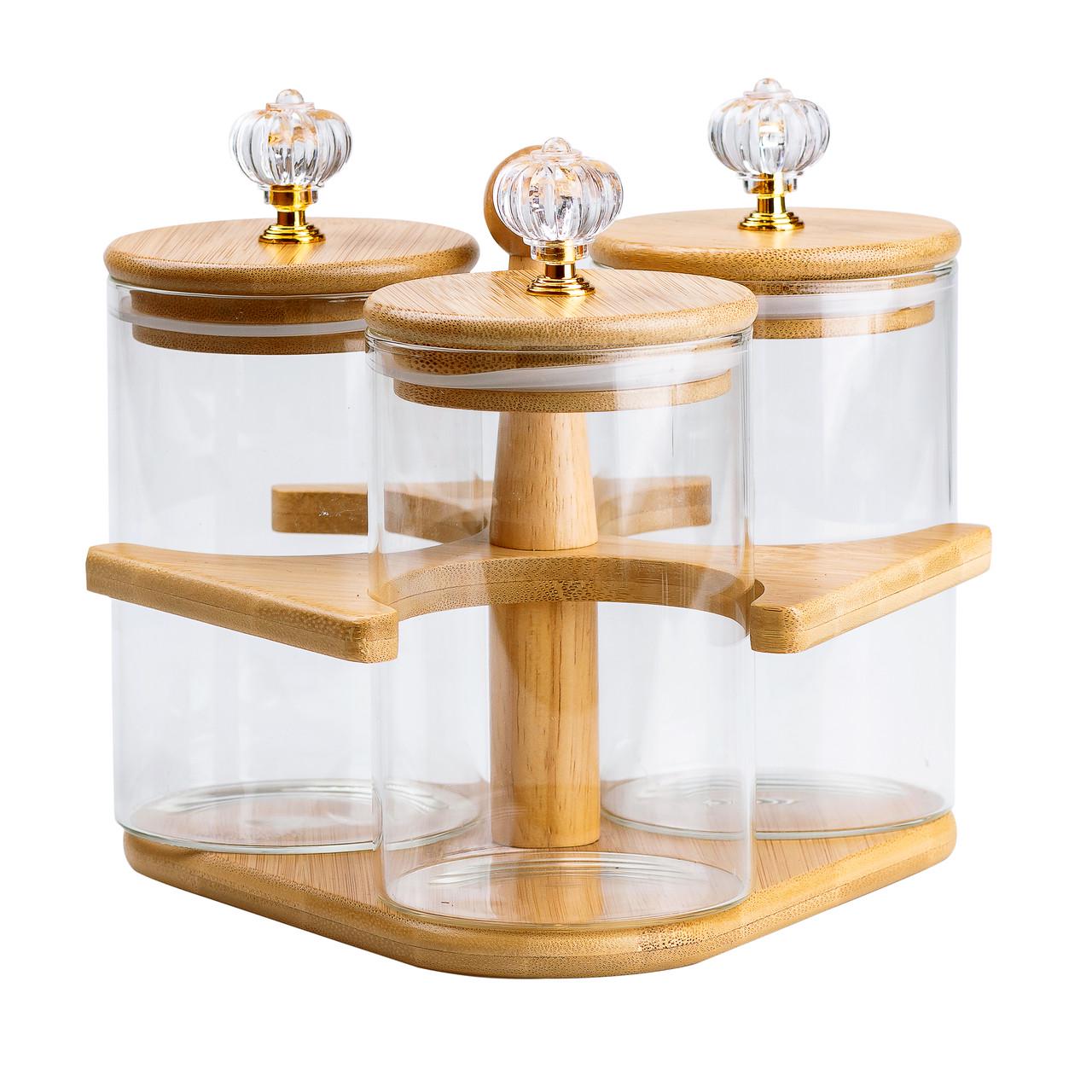 Набор банок для сыпучих продуктов 3 шт. по 580 мл на деревянной подставке Прозрачный Набор банок для сыпучих продуктов 3 шт. по 580 мл на деревянной подставке Прозрачный