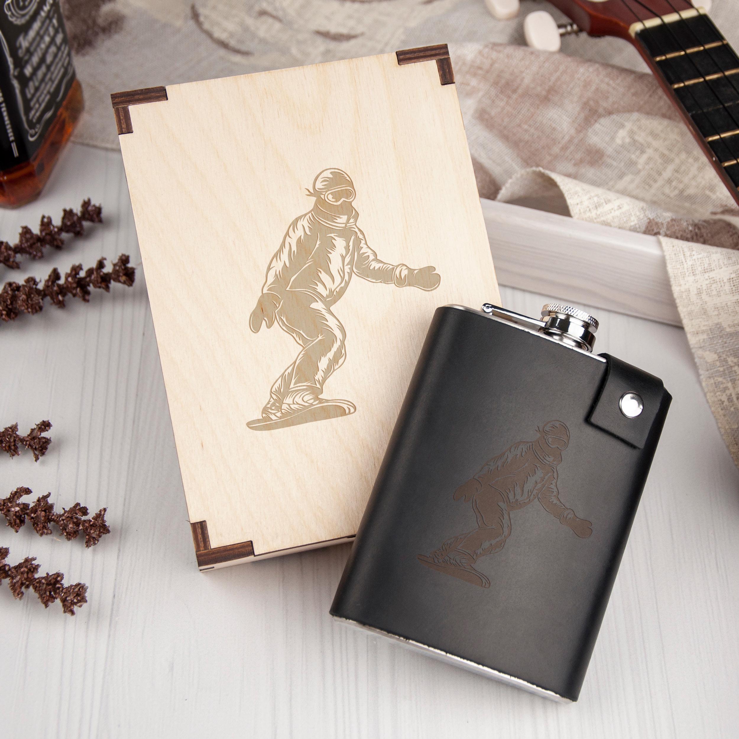 Фляга с принтом кожаный чехол в подарочной деревянной коробке 240 мл Black (LFL-0006_6)