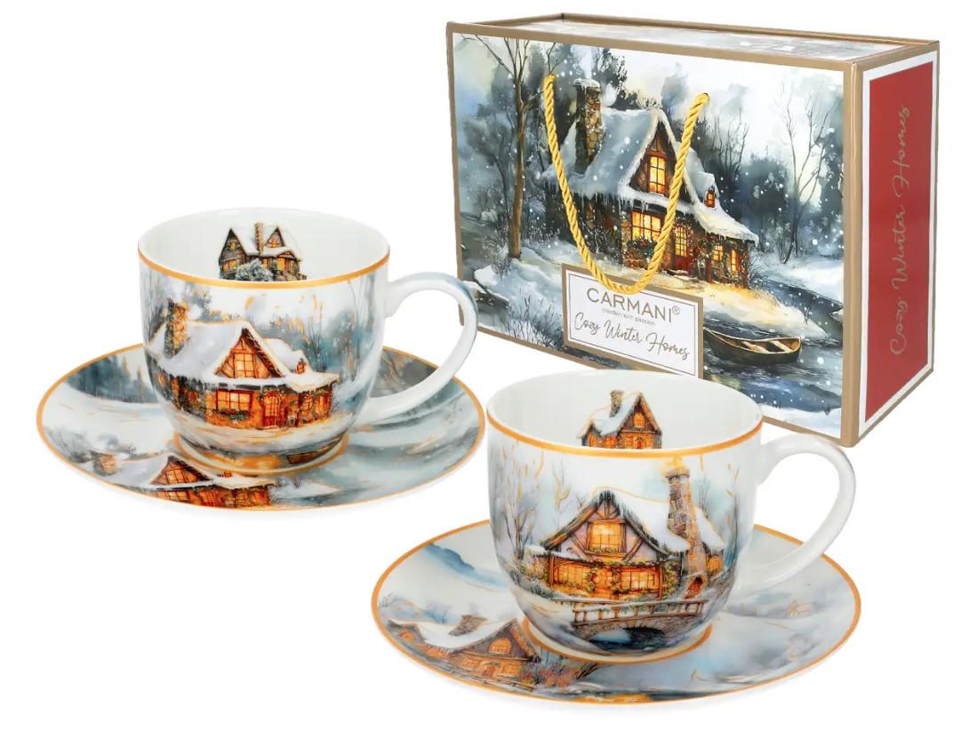 Подарунковий набір з 2-х порцелянових кухлів та блюдець Carmani Зимовий дім 250 мл (219-9108) Подарунковий набір з 2-х порцелянових кухлів та блюдець Carmani Зимовий дім 250 мл (219-9108)