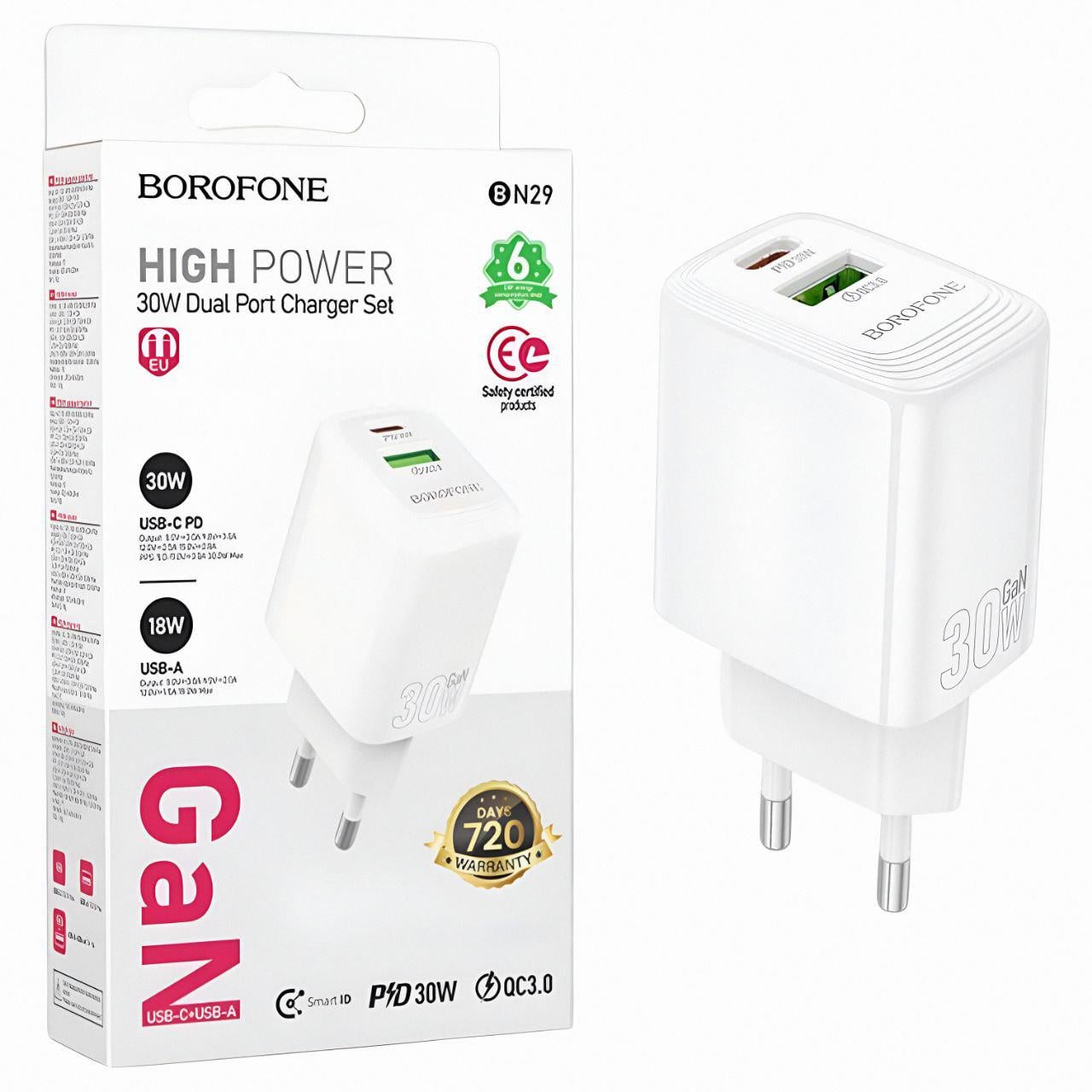Зарядное устройство Borofone BN29 Type-C/USB PD30W+QC3.0 Power Delivery 3.0 Белый (25565174) Зарядное устройство Borofone BN29 Type-C/USB PD30W+QC3.0 Power Delivery 3.0 Белый (25565174)