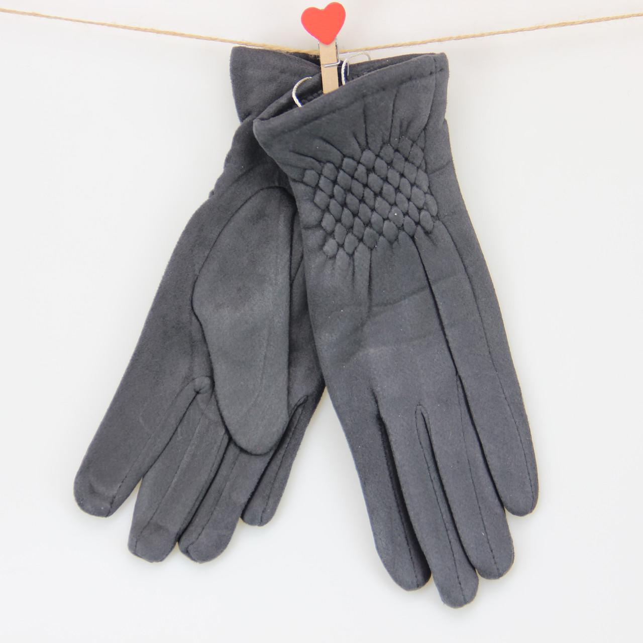 Перчатки женские шитые велюровые с мехом с резиновой вставкой S-M Графитовый (31246)