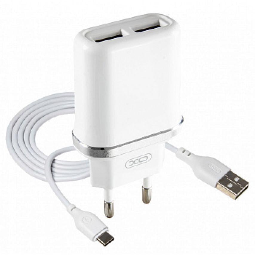 Адаптер Xo L52 2USB / 2.1A + Data Cable USB to Type-C White