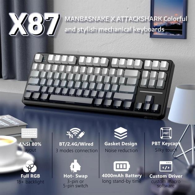 Клавиатура attack shark X87 GRADIENT/наклейки укр раскладки 2.4G/Bluetooth/USB type-c R Черный - фото 3