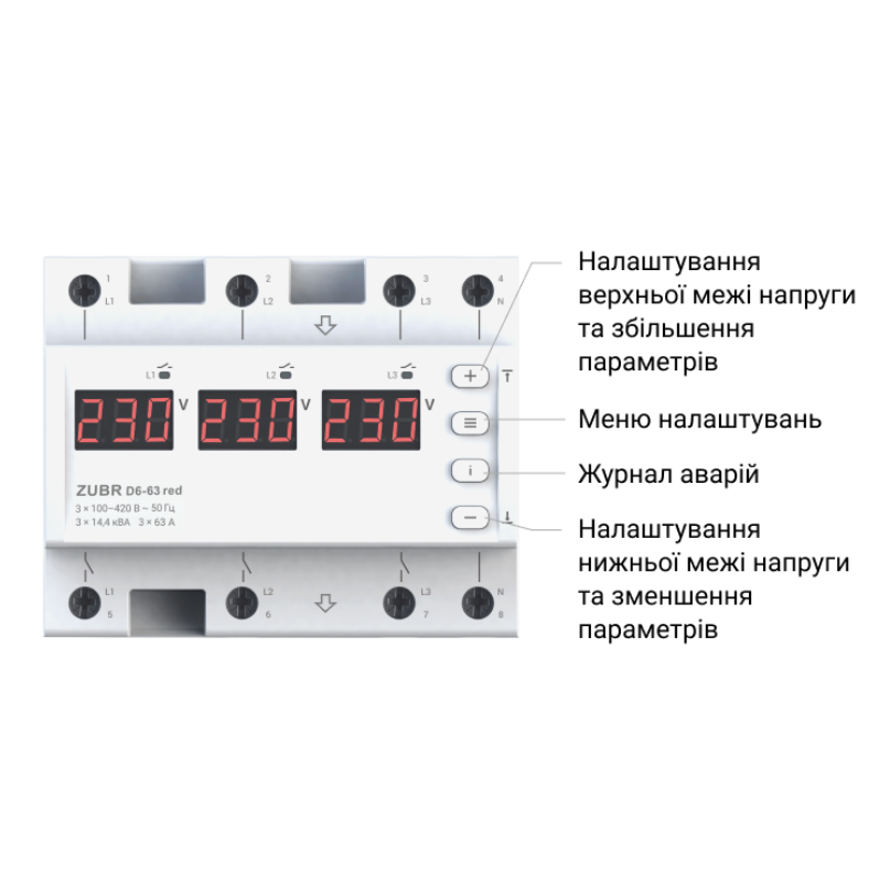 Реле напряжения ZUBR D6-40 red трехфазное с двумя режимами работы 40А 9,2 кВА (4820120222139) - фото 3