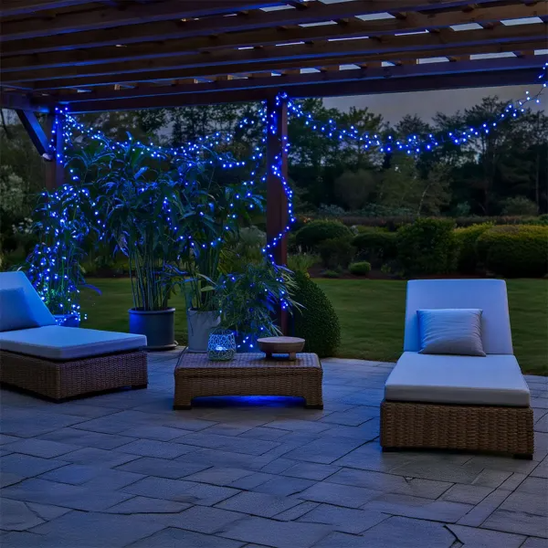 Гирлянда нить уличная 500 LED 50 м на солнечной батарее черная нить с пультом ДУ Синий