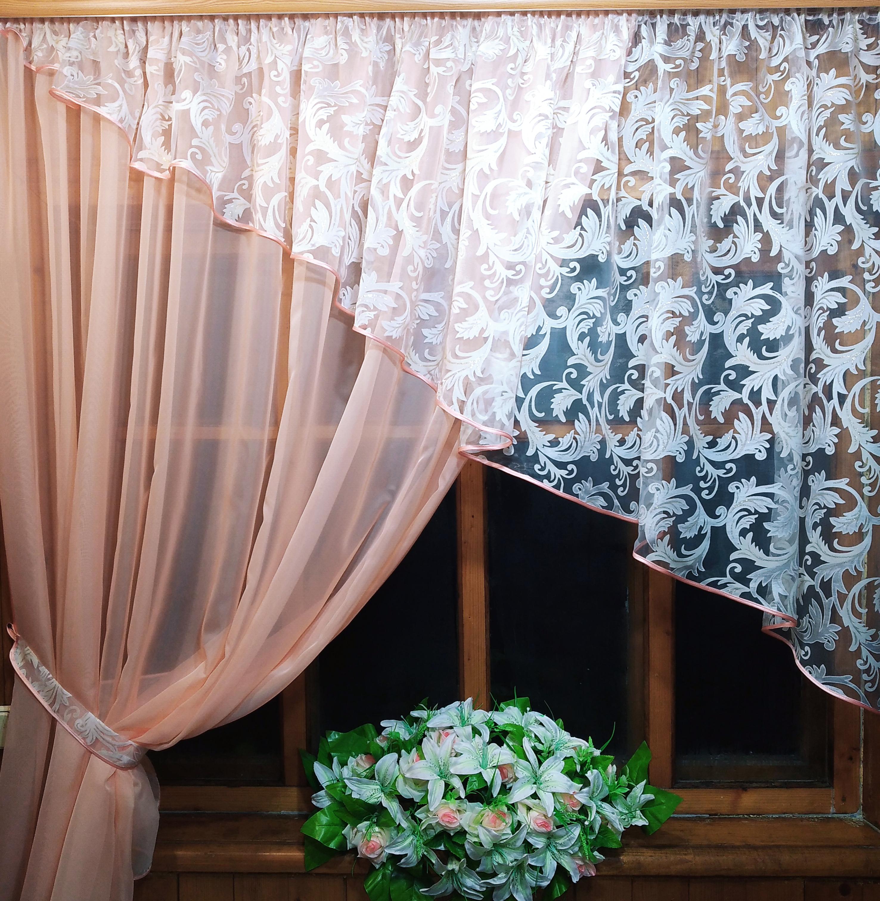 Занавеска кухонная короткая готовая Анжелика вензель левая Персиковый - фото 2 Занавеска кухонная короткая готовая Анжелика вензель левая Персиковый - фото 2