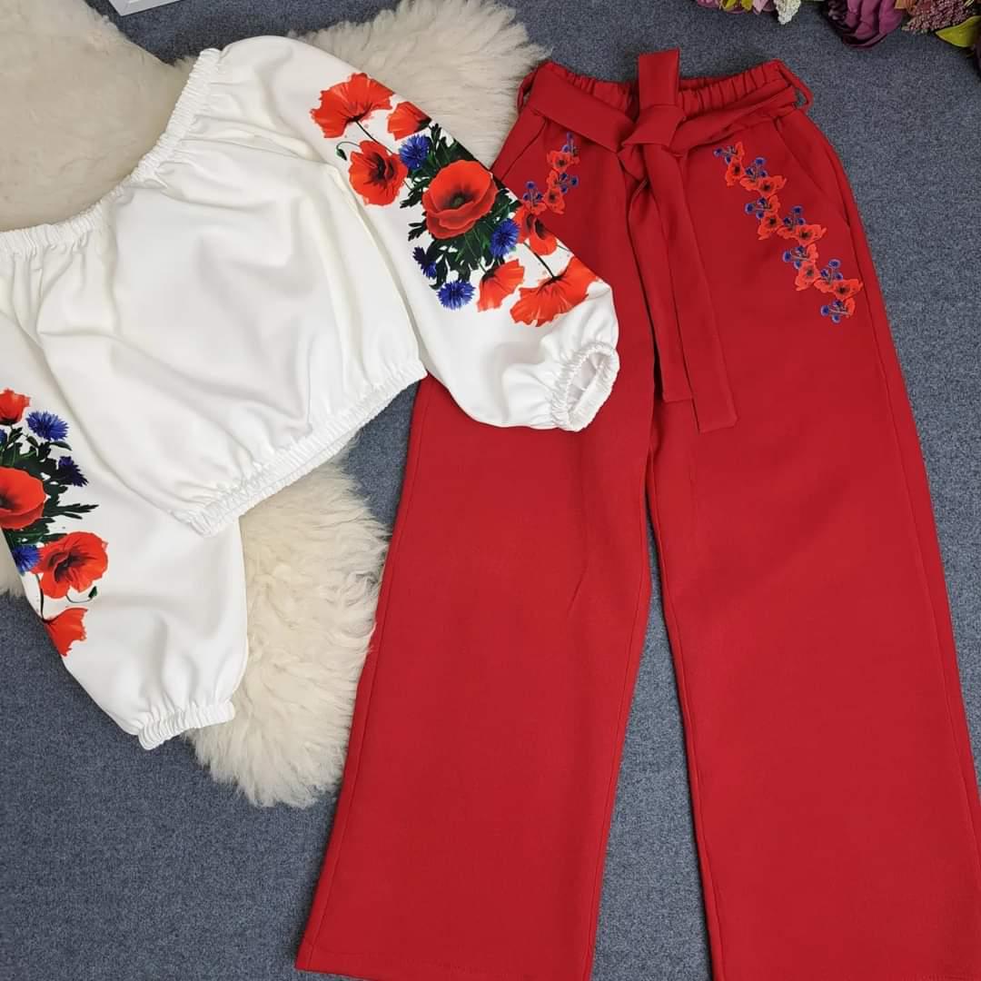 Костюм вышиванка весенний двойка палаццо/топ с длинным рукавом 146 см Красный