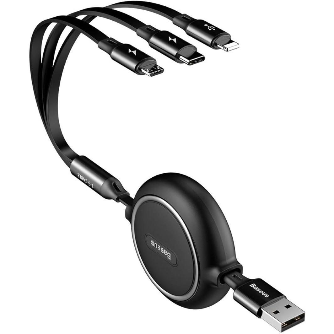 Кабель Baseus CAMLT-JH01 3в1 Golden Loop Elastic Cable USB to Type-C/Lightning/MicroUSB 3,5A 1,2 м Black - фото 5
