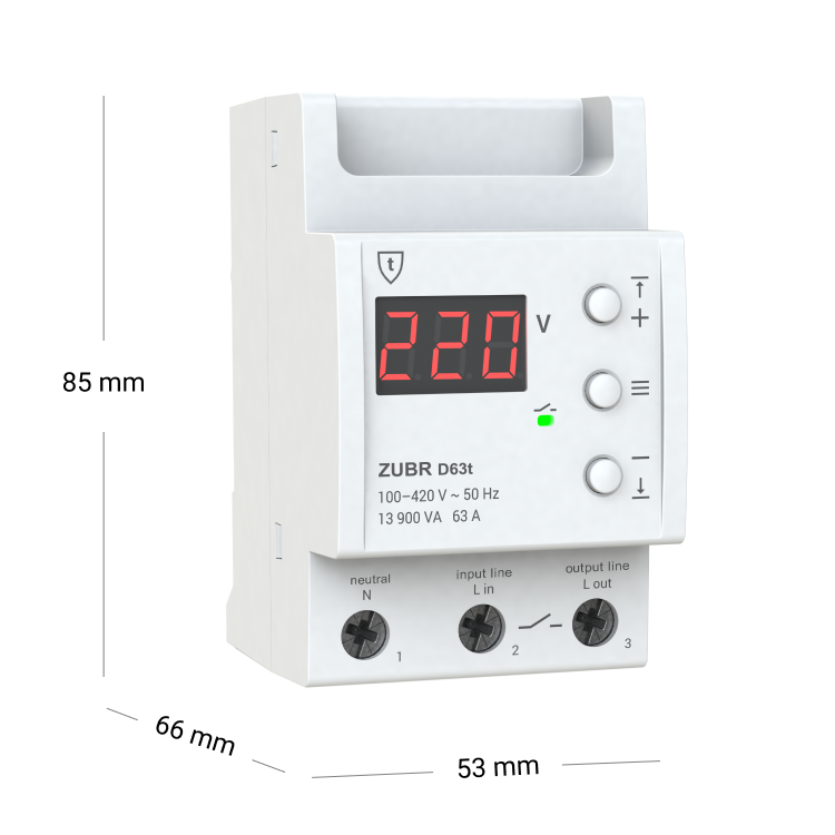 Реле напряжения ZUBR D63t однофазное с термозащитой 63А max 80А 13900ВА (4820120220487) - фото 2