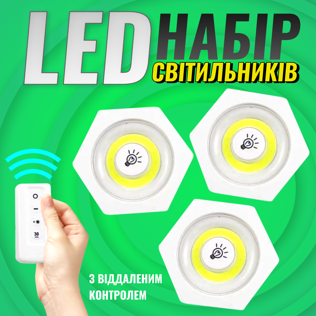 Комплект ромбовидных LED светильники с пультом дистанционным управлением на батарейках с креплением липучкой 3 шт. (f8fb2a55) - фото 2