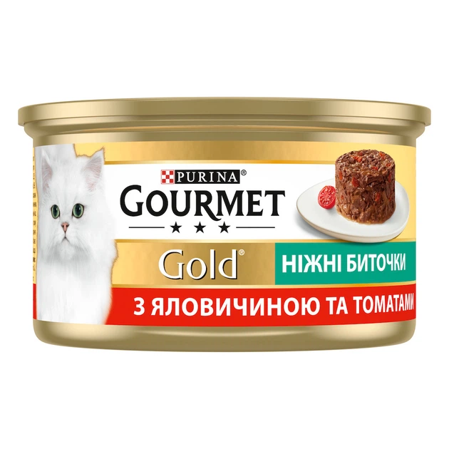 Корм вологий для дорослих котів консервований Purina Gourmet ніжні биточки з яловичиною та томатами 85 г (42474)