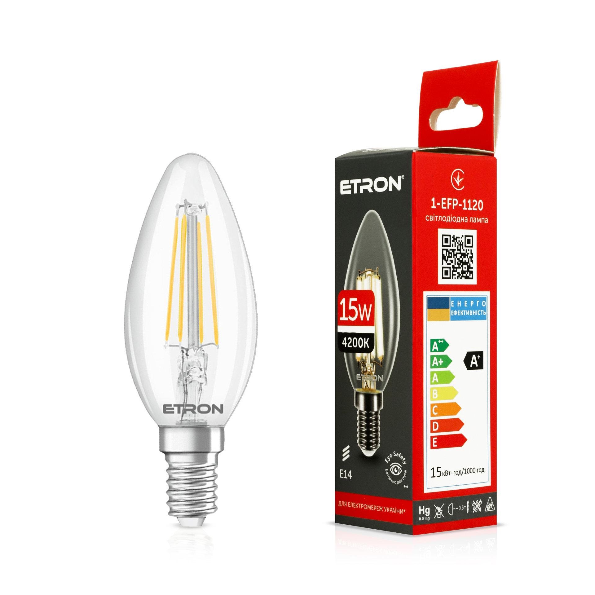 Лампа LED ETRON 15W E14 C35 4200K Filament 1-EFP-1120 стекло Прозрачный